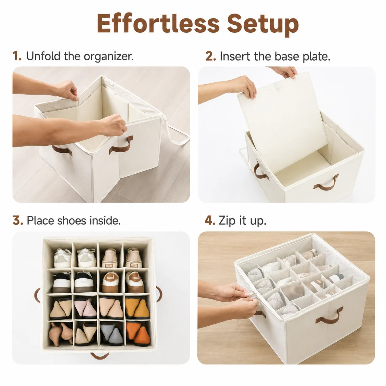 Foldable Shoe Storage Container, Closet Shoe Organizer Box with Clear Cover, Multi Compartment Fabric Storage Bin, Zippered Shoe Storage Case