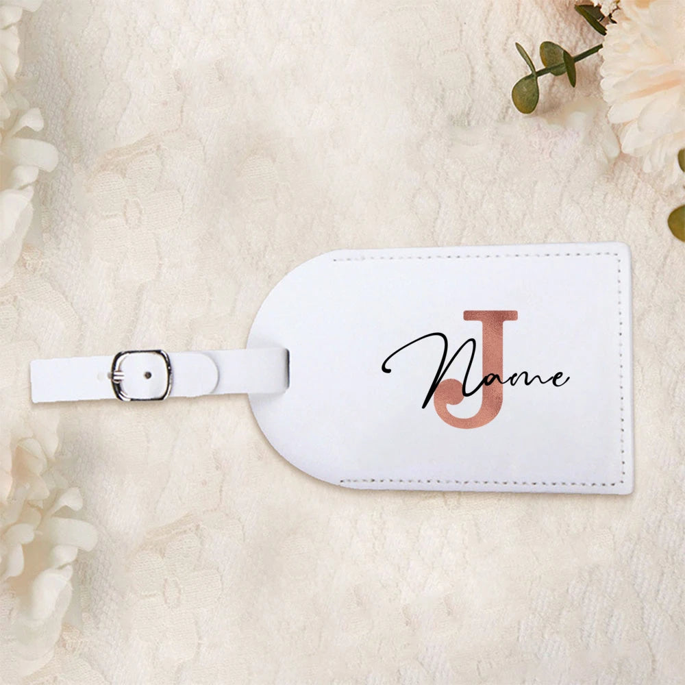 Personalized White Luggage Tag with Rose Golden Initials, Perfect for Your Suitcase Or Travel Bag