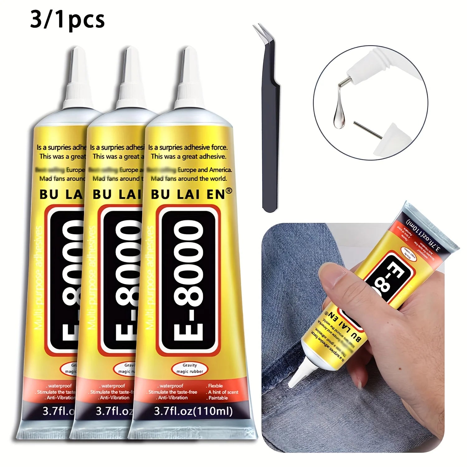 B7000-E8000 Fabric Adhesive: A water-washable, transparent adhesive for apparel, suitable for rhinestones, patches, clothing, and various fabrics
