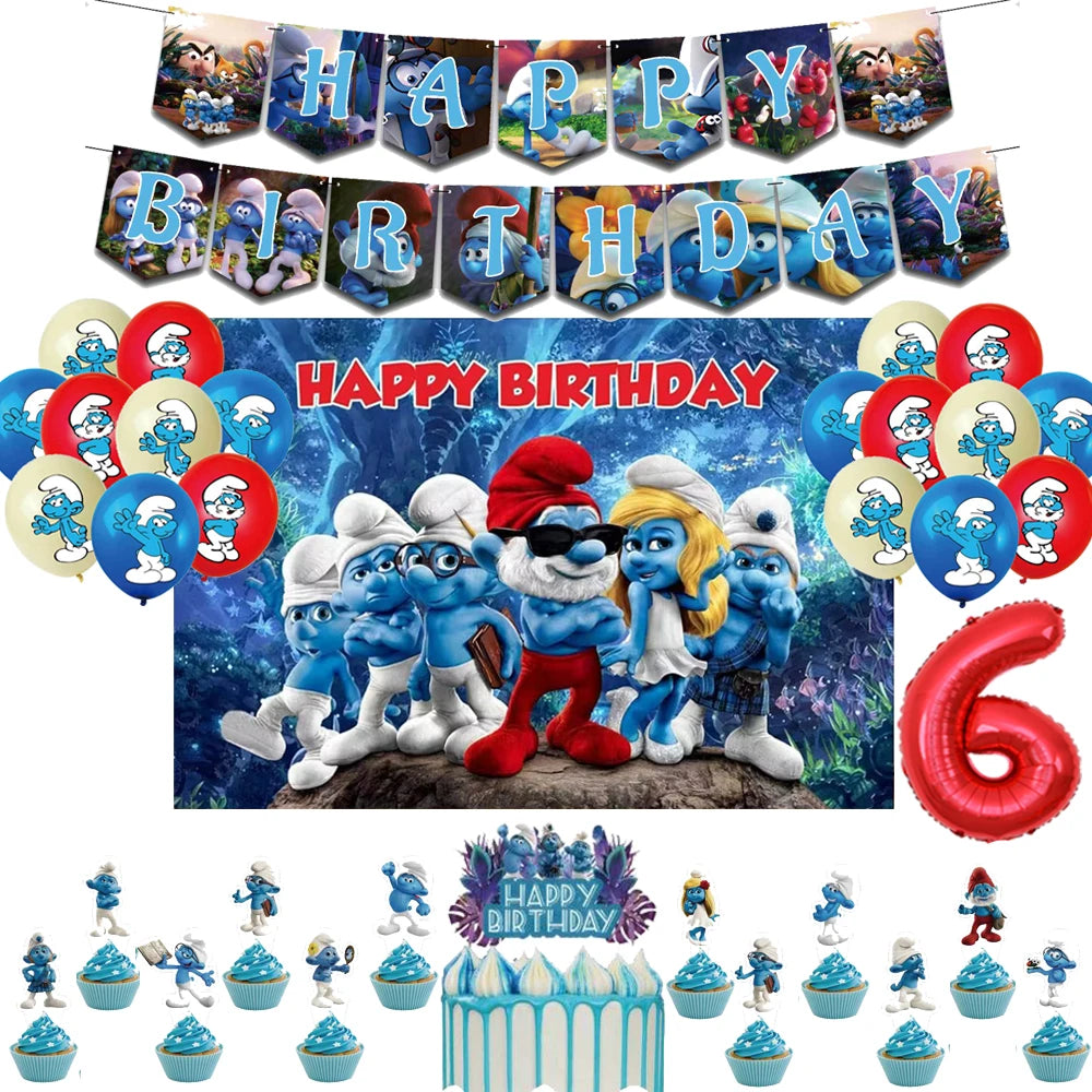 Smurfsed Happy Birthday Decoration Party Supplies Balloon Banner Number Blue Elf Theme Backdrop Cake Topper Baby Shower Boy Girl