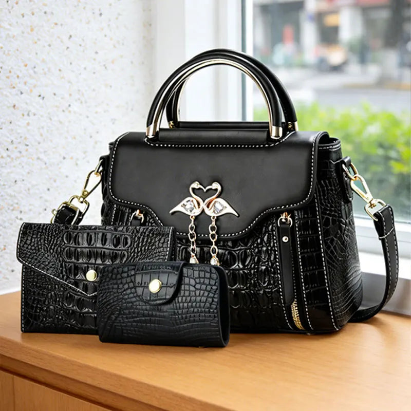 3-piece women's bag set, ladies handbag, crocodile pattern leather shoulder and crossbody bag, fliptop design bag, birthday gift