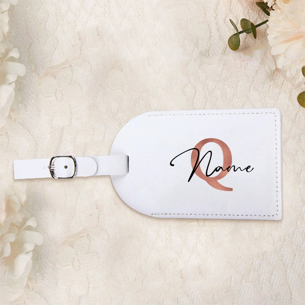 Personalized White Luggage Tag with Rose Golden Initials, Perfect for Your Suitcase Or Travel Bag
