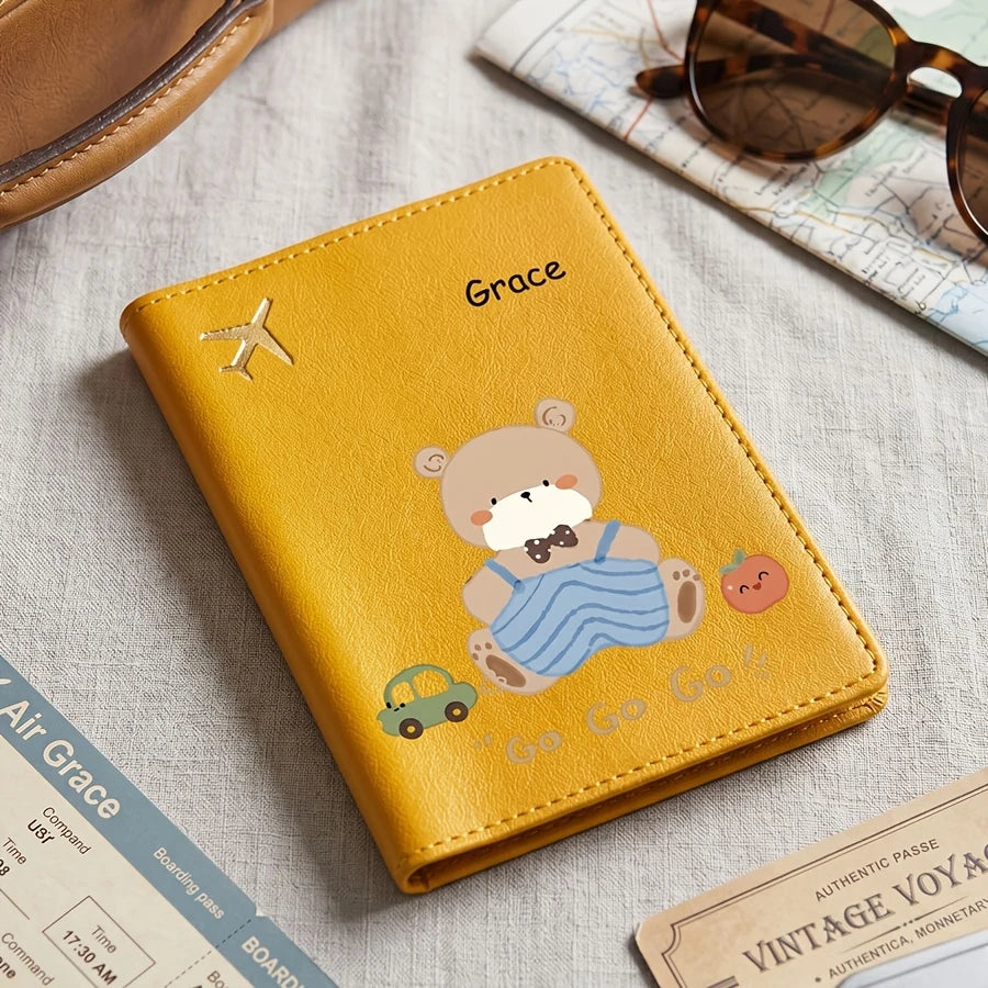 Personalized Passport Holder with Protective Cover - Custom Name/Text, Cute Cartoon Bear Pattern Design