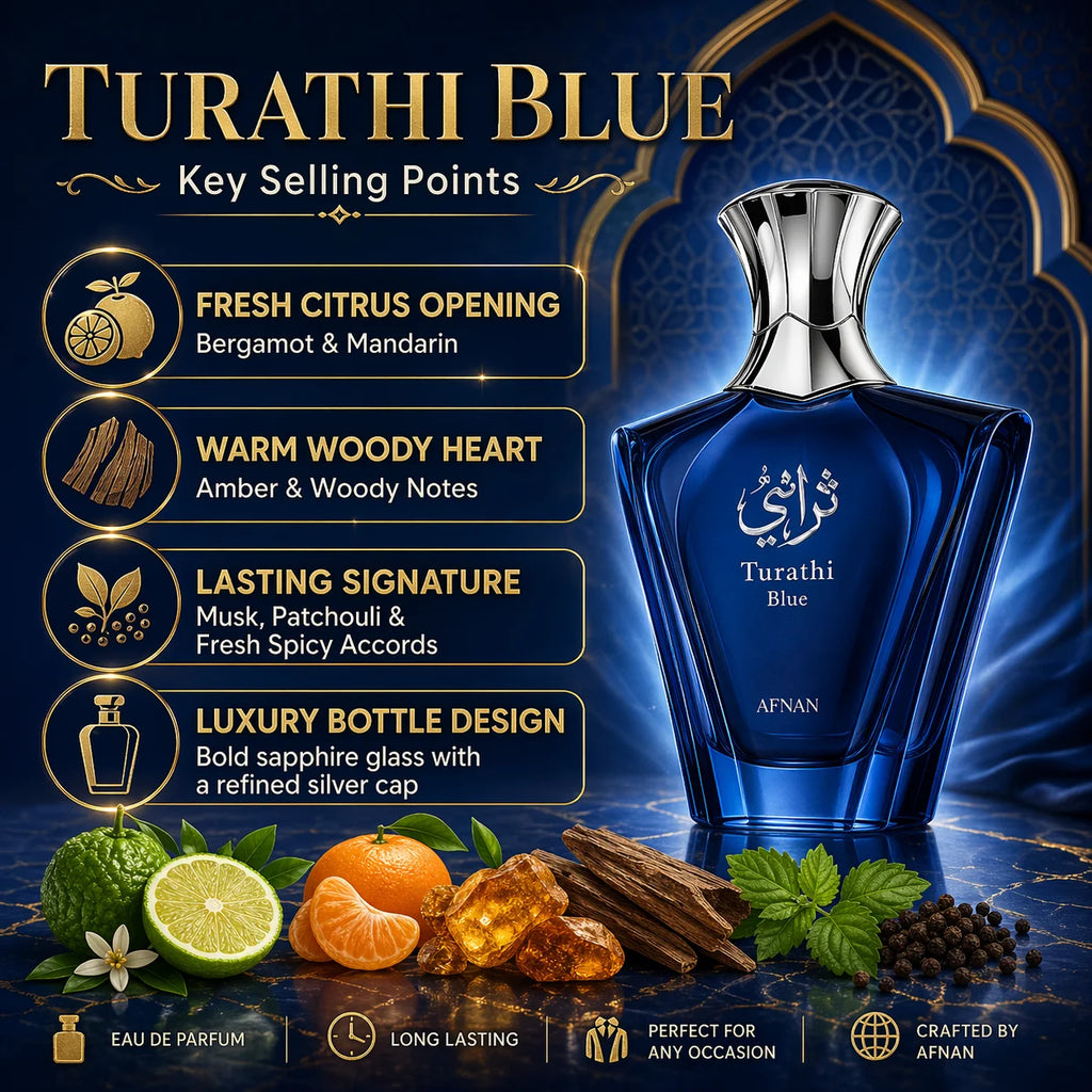 AFNAN TURATHI BLUE by Afnan Perfumes EAU DE PARFUM SPRAY, Arabian Sapphire Men’s Fragrance | Afnan Turathi Blue Fresh Citrus Woody Scent Perfect For Gifting