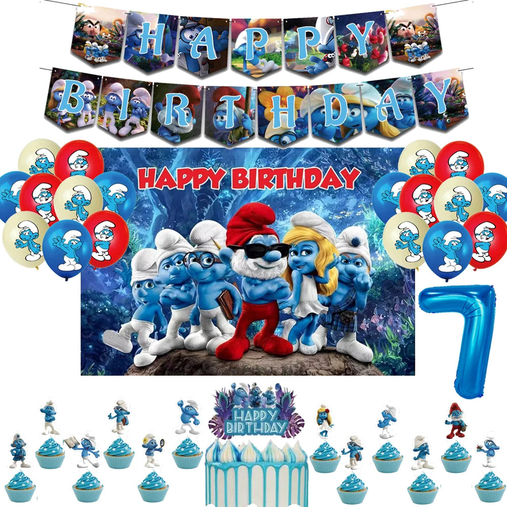 Smurfsed Happy Birthday Decoration Party Supplies Balloon Banner Number Blue Elf Theme Backdrop Cake Topper Baby Shower Boy Girl