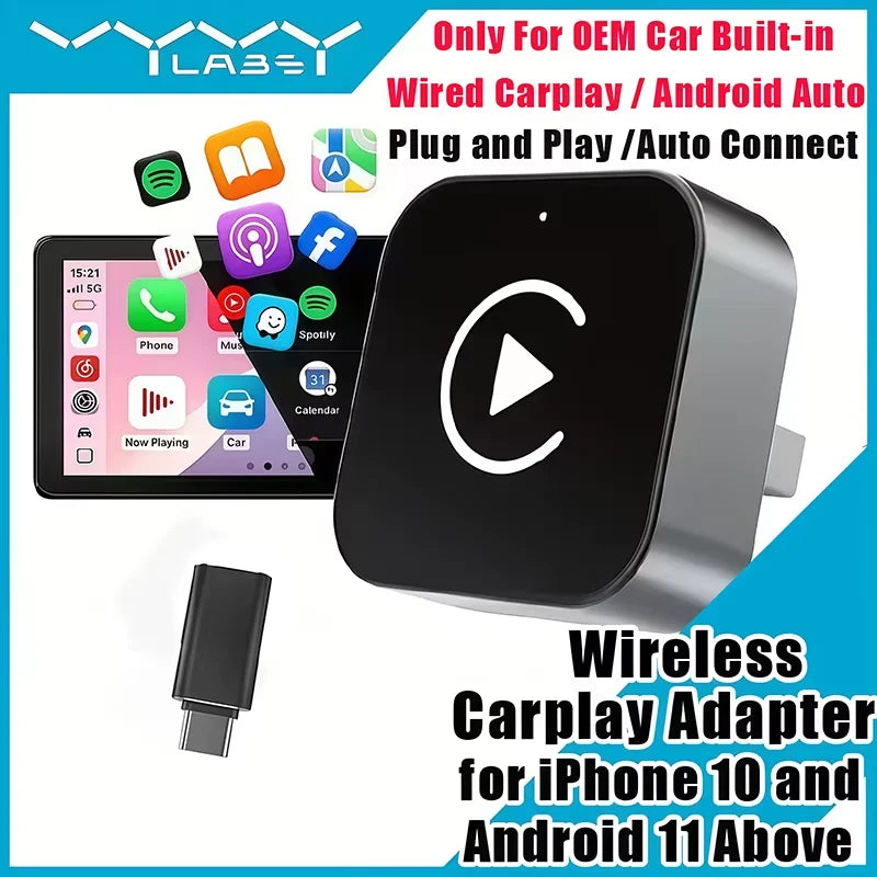 2-in-1 Wireless CarPlay Adapter Plug-and-Play for iPhone 10 and Android 11 above Auto Adapter with USB/USB-C Port Car Accessory
