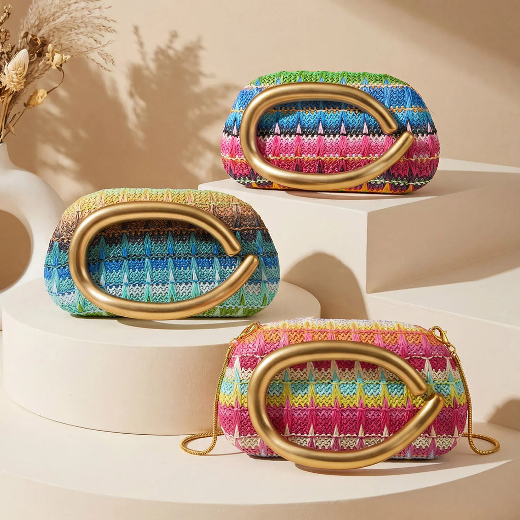 Stylish and colorful woven women's evening bag luxurious metal buckle box shaped clutch gold chain crossbody party evening bag