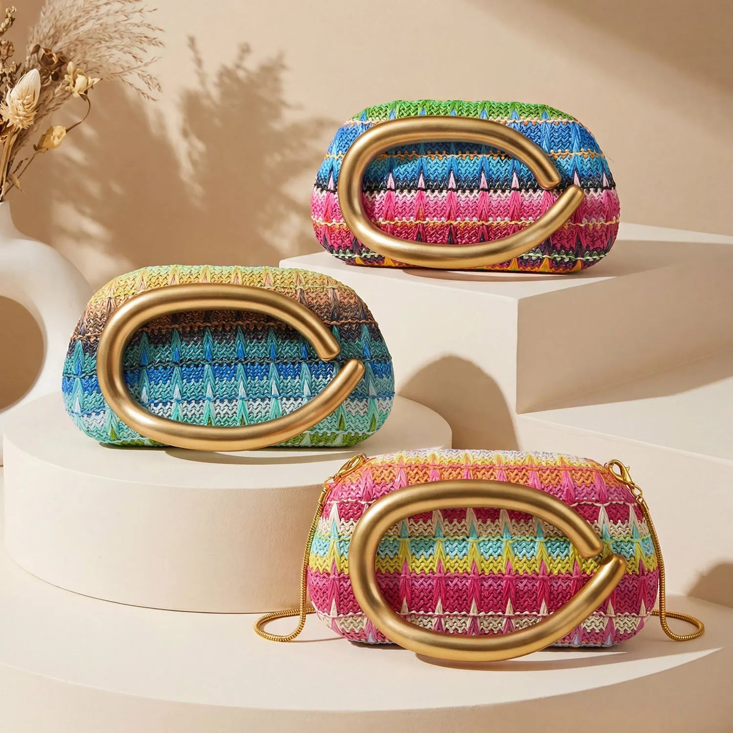 Stylish and colorful woven women's evening bag luxurious metal buckle box shaped clutch gold chain crossbody party evening bag