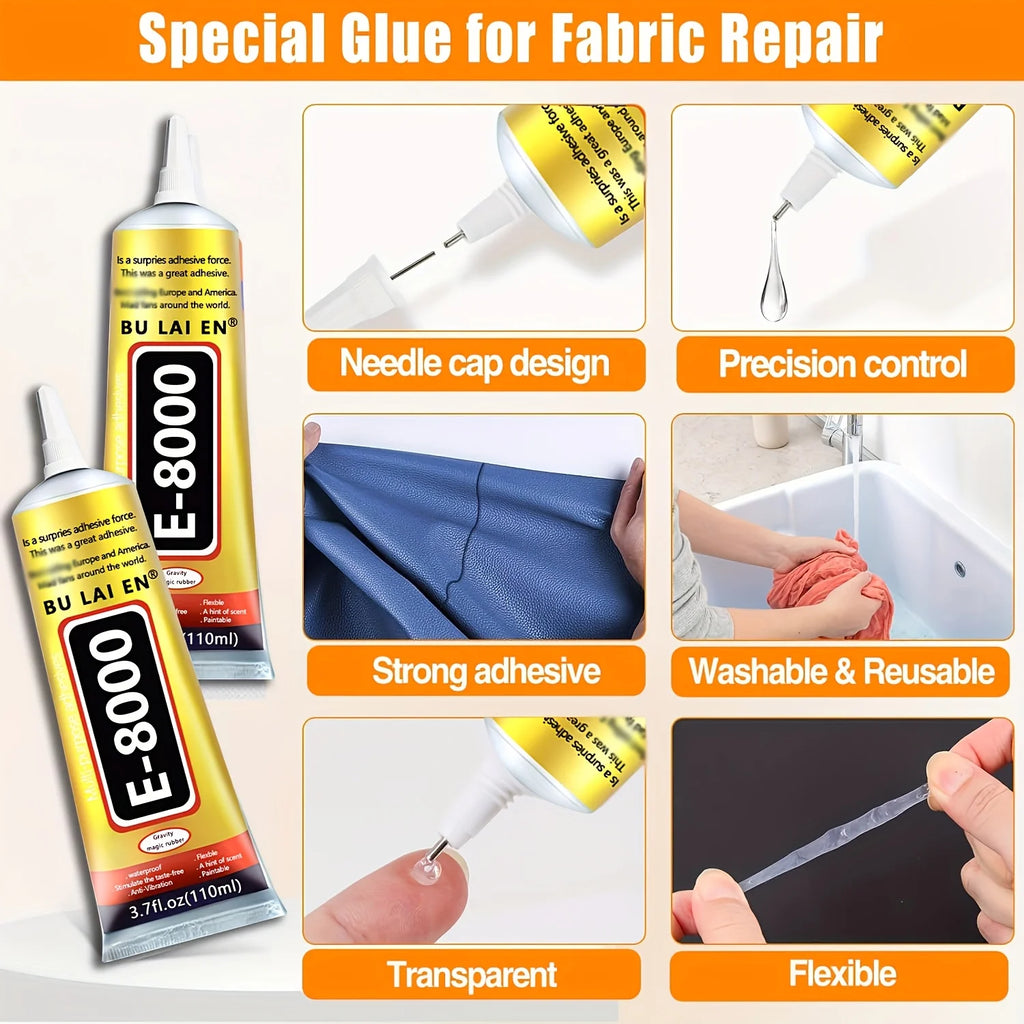 B7000-E8000 Fabric Adhesive: A water-washable, transparent adhesive for apparel, suitable for rhinestones, patches, clothing, and various fabrics
