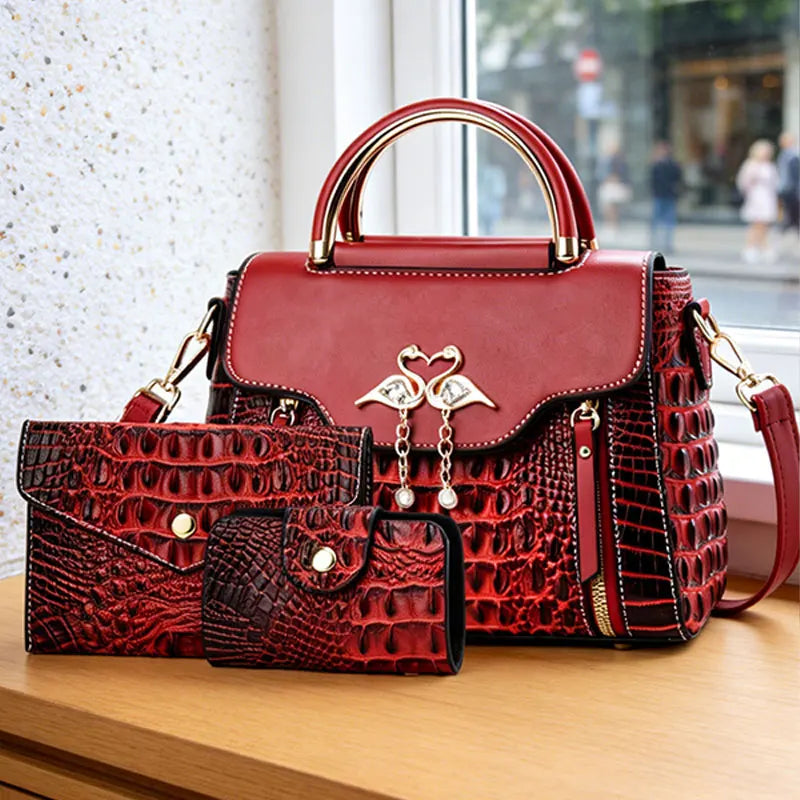 3-piece women's bag set, ladies handbag, crocodile pattern leather shoulder and crossbody bag, fliptop design bag, birthday gift