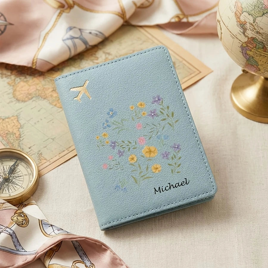 Custom Name Floral Passport Holder Pastel Black Travel Organizer For Passport Visa ID Women Travel Gift