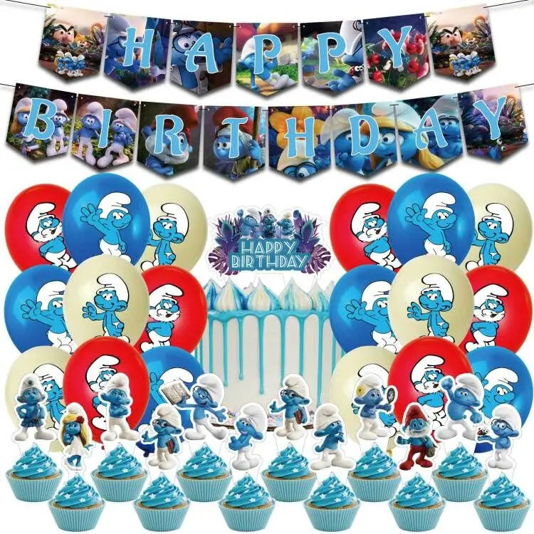 Smurfsed Happy Birthday Decoration Party Supplies Balloon Banner Number Blue Elf Theme Backdrop Cake Topper Baby Shower Boy Girl