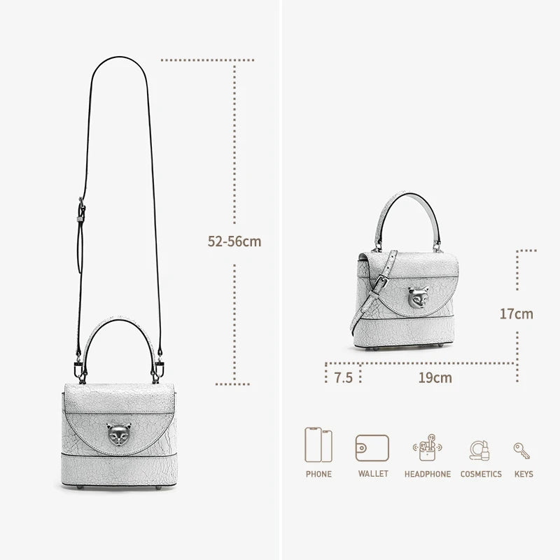 BAFELLI 2026 New Arrival: Unique Cracked Leather Shoulder Bag with Cat Head Design, Luxury Brand Mini Crossbody Bag