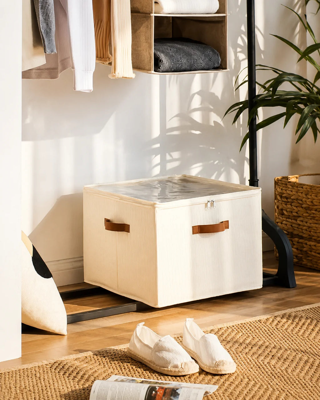 Foldable Shoe Storage Container, Closet Shoe Organizer Box with Clear Cover, Multi Compartment Fabric Storage Bin, Zippered Shoe Storage Case
