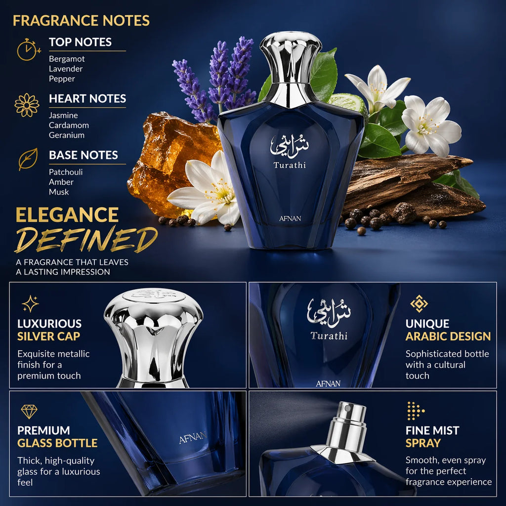 AFNAN TURATHI BLUE by Afnan Perfumes EAU DE PARFUM SPRAY, Arabian Sapphire Men’s Fragrance | Afnan Turathi Blue Fresh Citrus Woody Scent Perfect For Gifting