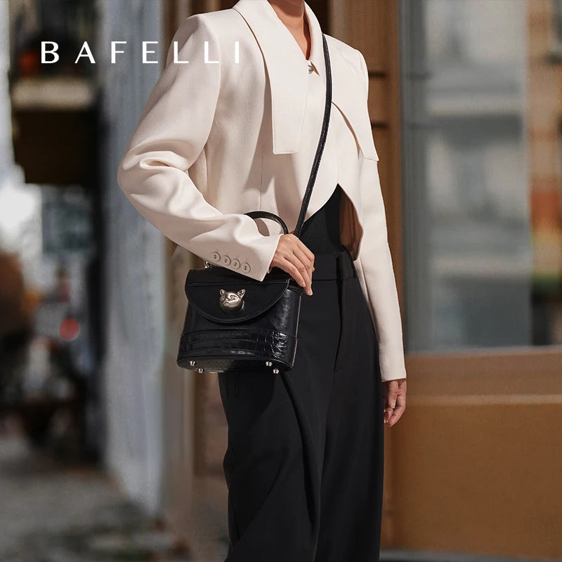 BAFELLI HANDBAG 2026 WOMEN'S NEW CROSSBODY LEATHER PURSE EVENING BAG CROCODILE GRAIN DESIGNER BUCKET CAT LUXURY BRAND FASHION