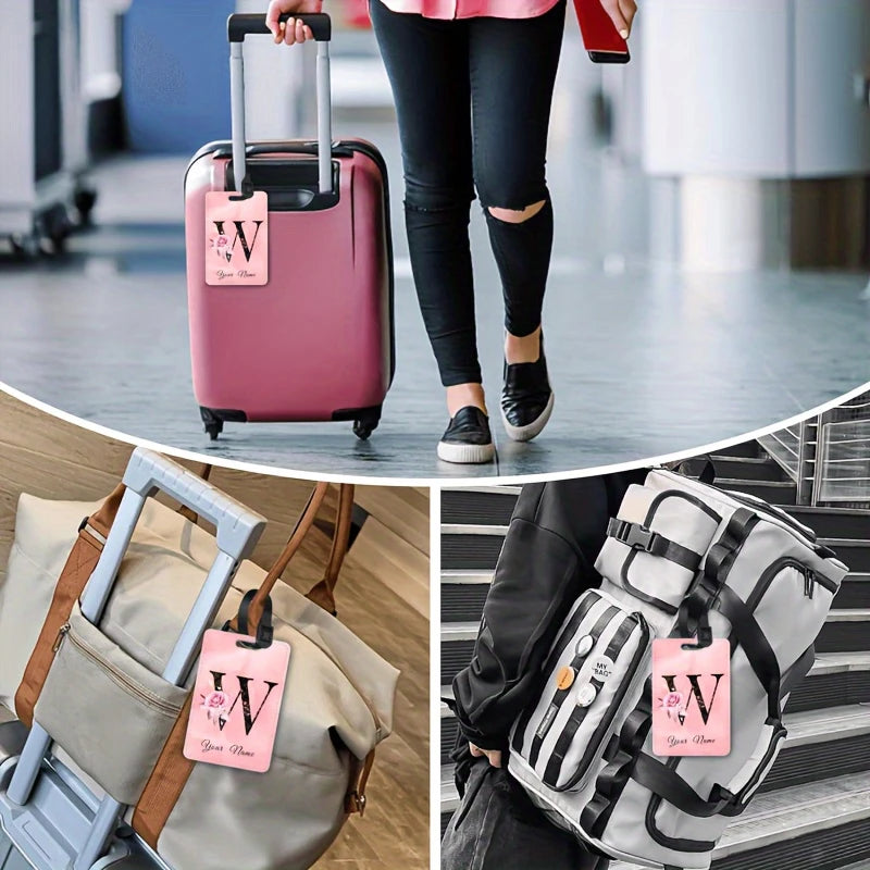 A of Personalized Custom Creative Flower Letter Pink Name Text Luggage Tags, Travel Cruise Suitcase Tags
