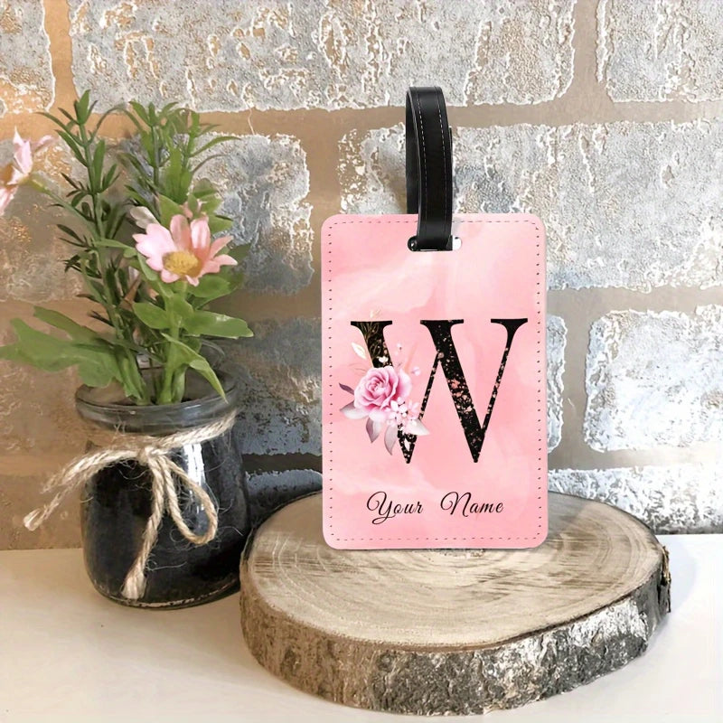 A of Personalized Custom Creative Flower Letter Pink Name Text Luggage Tags, Travel Cruise Suitcase Tags