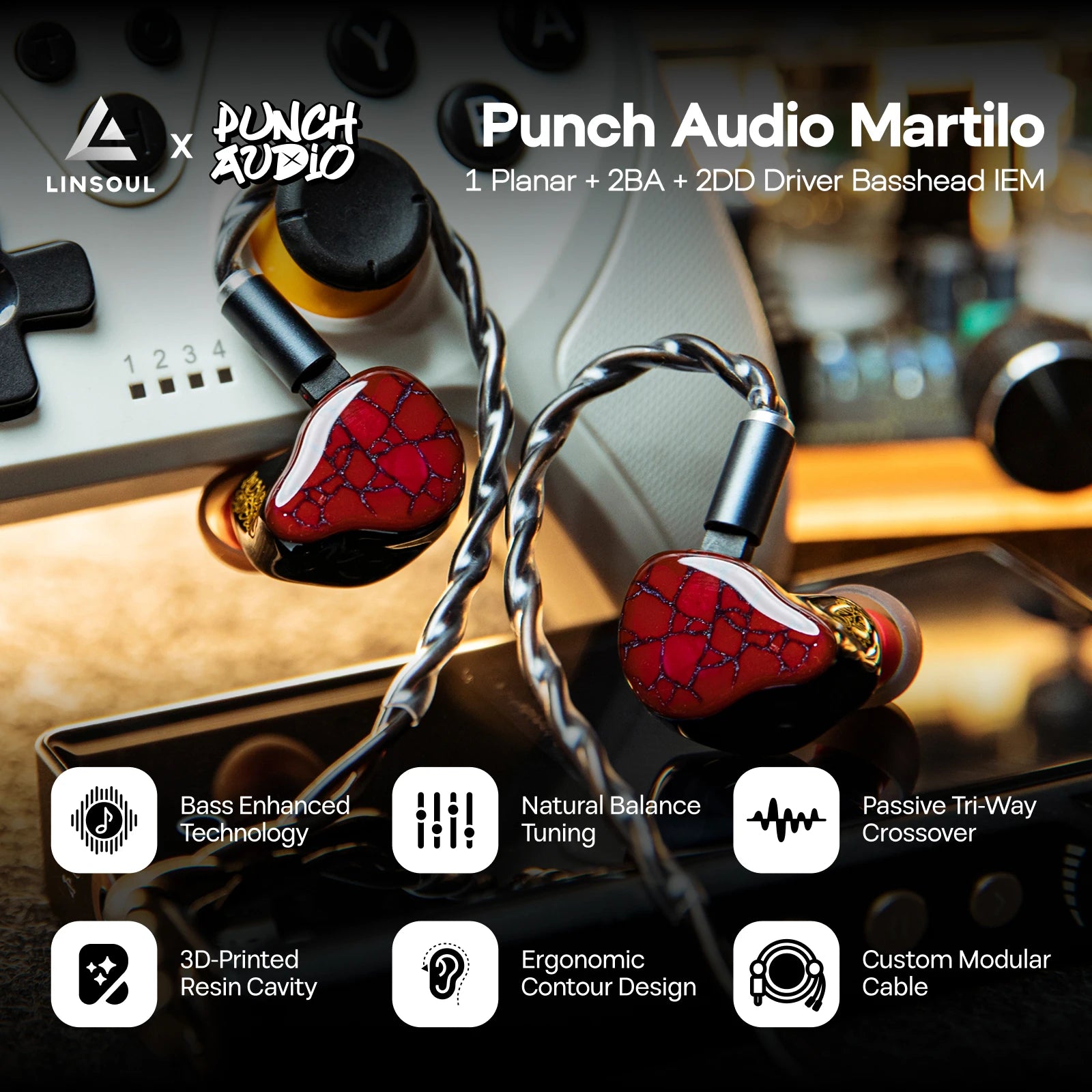 Linsoul Punch Audio Martilo IEM 1 Planar + 2 BA + 2 DD Hifi Earphone with Immersive Bass and Custom Interchangeable Cable