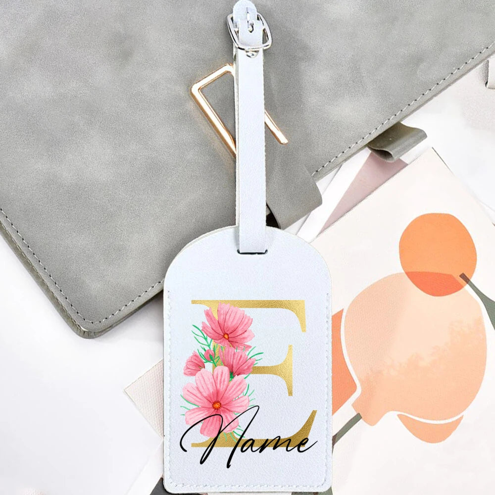 Personalised Golden Letters + Flower Luggage Tag, Custom Name Suitcase Label Baggage Tags Travel Accessorie