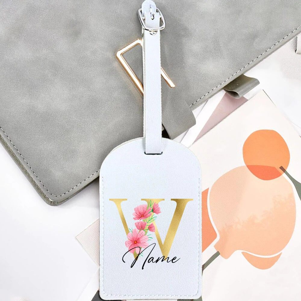 Personalised Golden Letters + Flower Luggage Tag, Custom Name Suitcase Label Baggage Tags Travel Accessorie