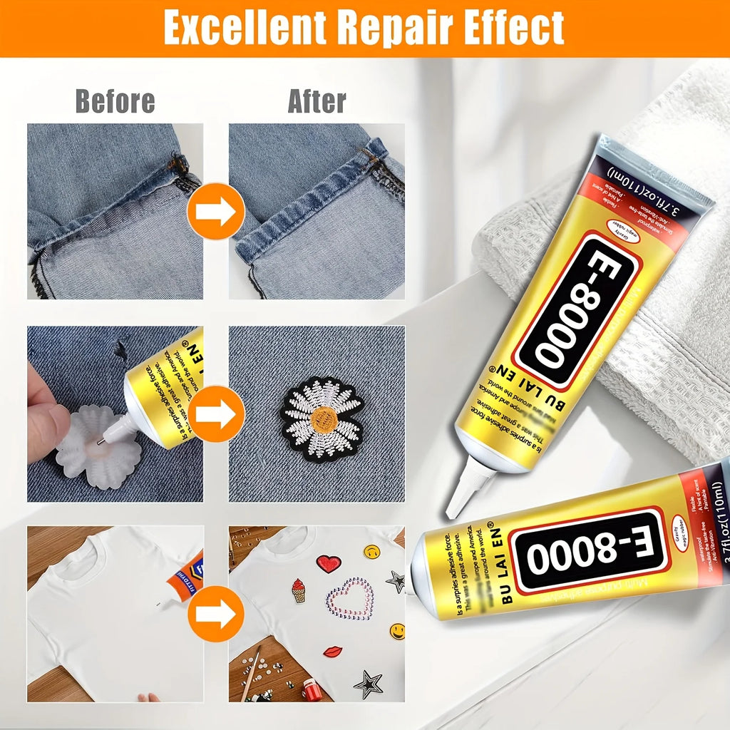B7000-E8000 Fabric Adhesive: A water-washable, transparent adhesive for apparel, suitable for rhinestones, patches, clothing, and various fabrics