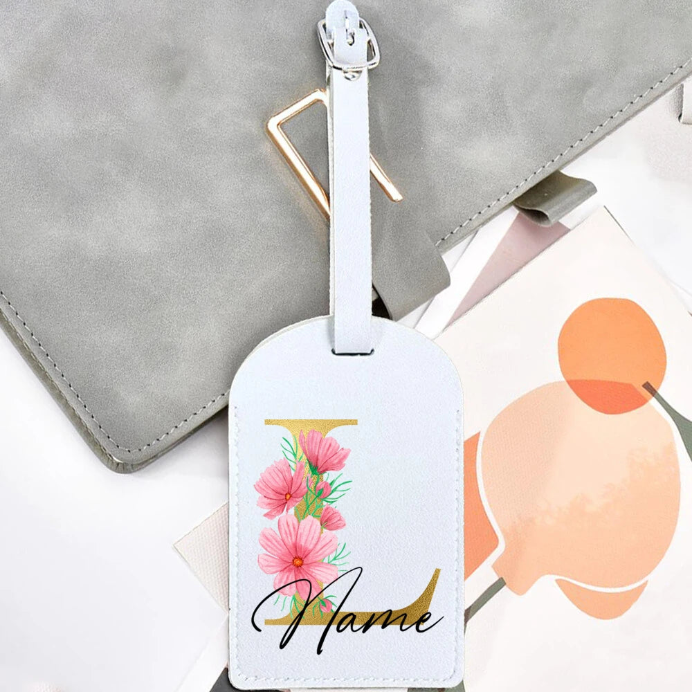 Personalised Golden Letters + Flower Luggage Tag, Custom Name Suitcase Label Baggage Tags Travel Accessorie