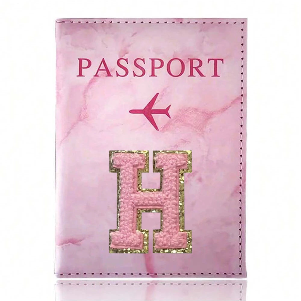 Pink Embroidery A-Z Letter Passport Cover Travel Wallet Card Holder Portable Document Case Nice Holiday Travel Gift