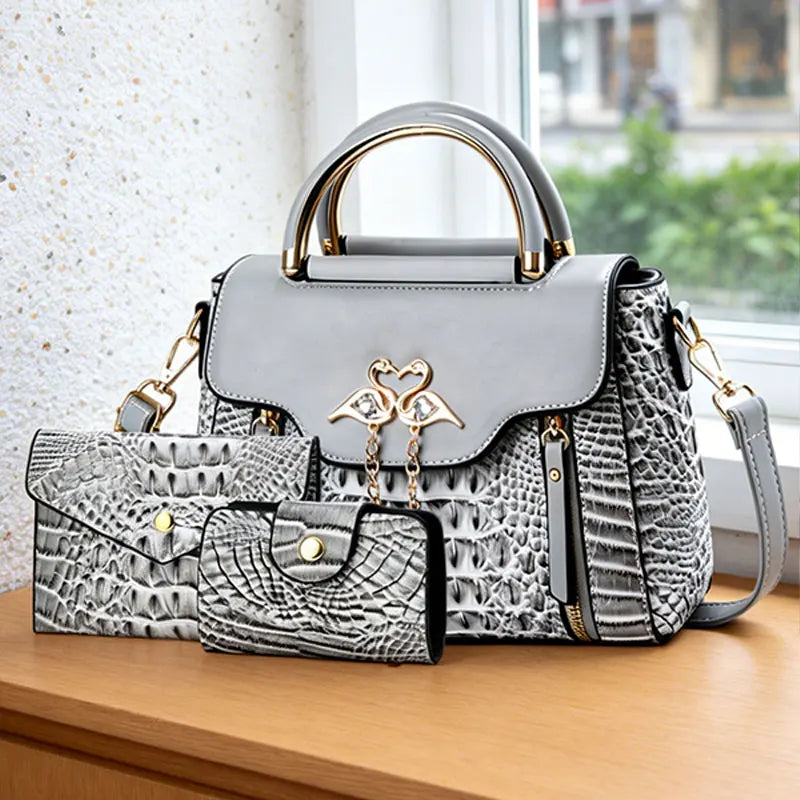 3-piece women's bag set, ladies handbag, crocodile pattern leather shoulder and crossbody bag, fliptop design bag, birthday gift