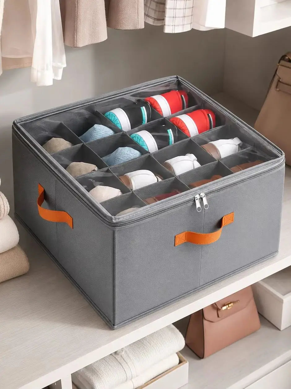 Foldable Shoe Storage Container, Closet Shoe Organizer Box with Clear Cover, Multi Compartment Fabric Storage Bin, Zippered Shoe Storage Case