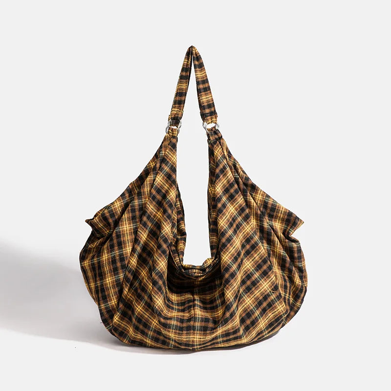 Casual Vintage Tote Bag Large Capacity Canvas Tote Women's Relaxed Style Checkered Commuter Shoulder Bag Versatile Travel Bag
