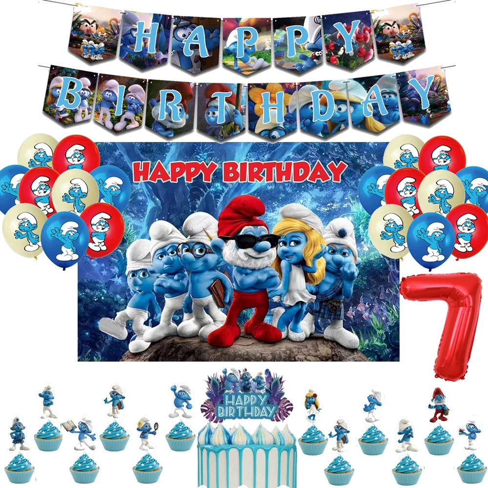 Smurfsed Happy Birthday Decoration Party Supplies Balloon Banner Number Blue Elf Theme Backdrop Cake Topper Baby Shower Boy Girl