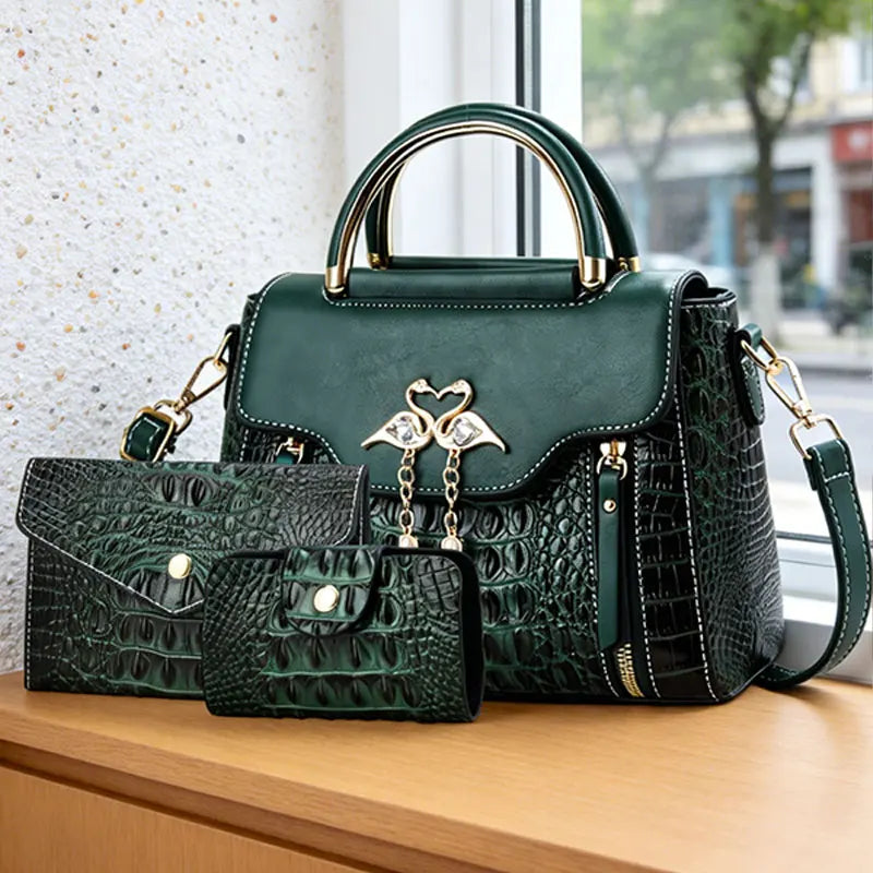 3-piece women's bag set, ladies handbag, crocodile pattern leather shoulder and crossbody bag, fliptop design bag, birthday gift