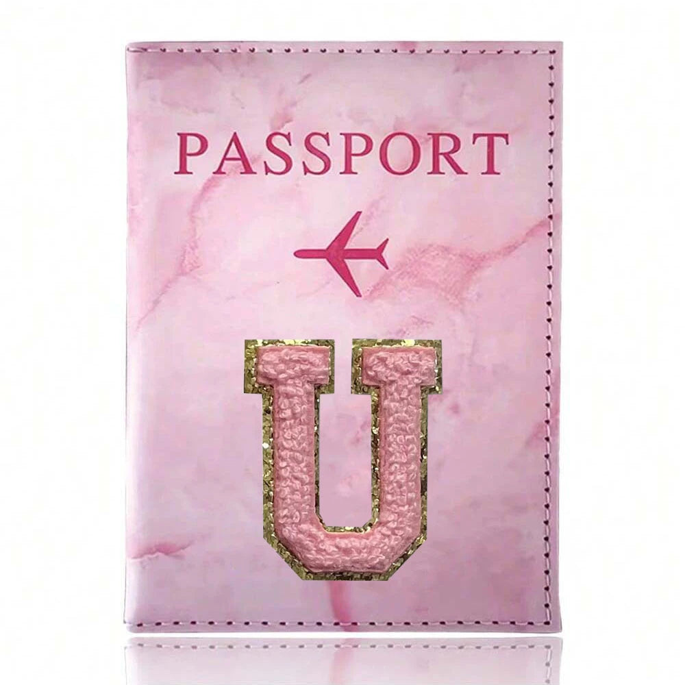 Pink Embroidery A-Z Letter Passport Cover Travel Wallet Card Holder Portable Document Case Nice Holiday Travel Gift