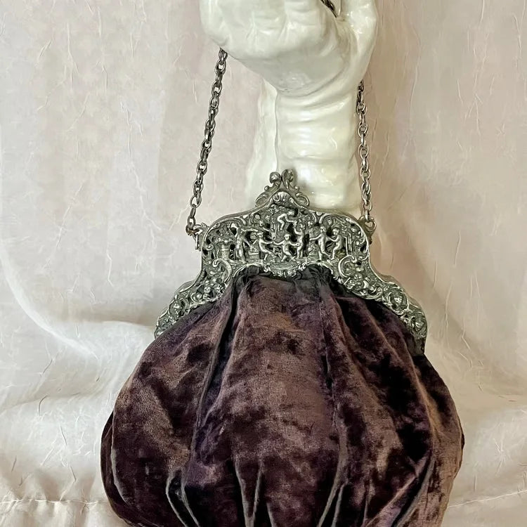 Lost In Vintage Velvet Fabric Soild Purse Metal Frame Kiss Lock Evening Clutch Nickel Farmyard Accessory for Evening Wear Party