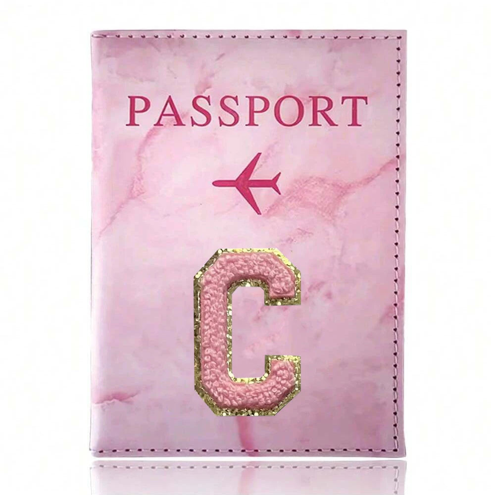 Pink Embroidery A-Z Letter Passport Cover Travel Wallet Card Holder Portable Document Case Nice Holiday Travel Gift