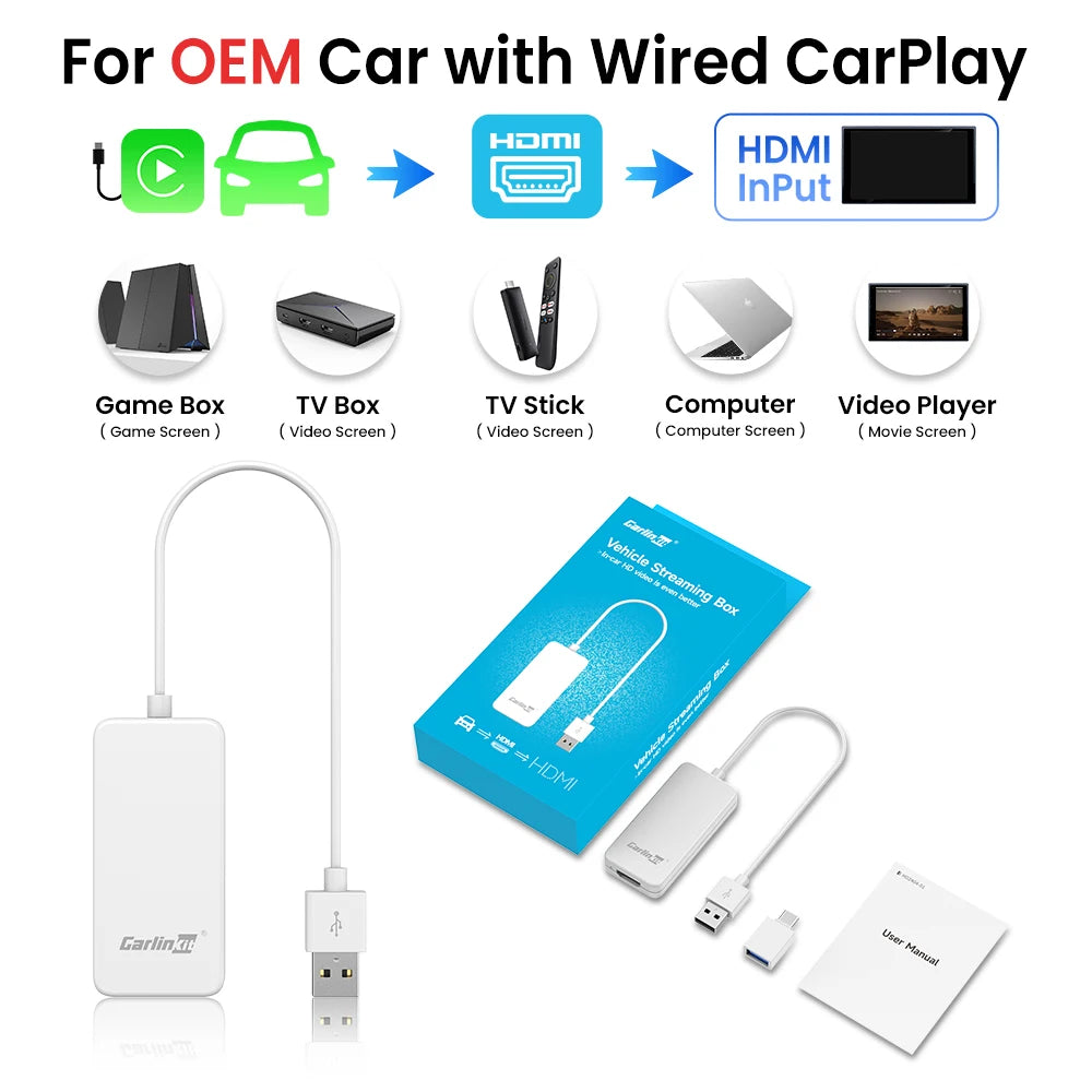 CarlinKit Car TV Mate Converter Video Input HDMI for Fire TV Stick Game or TV Set-top Box USB Adapter for OEM Wired CarPlay Car