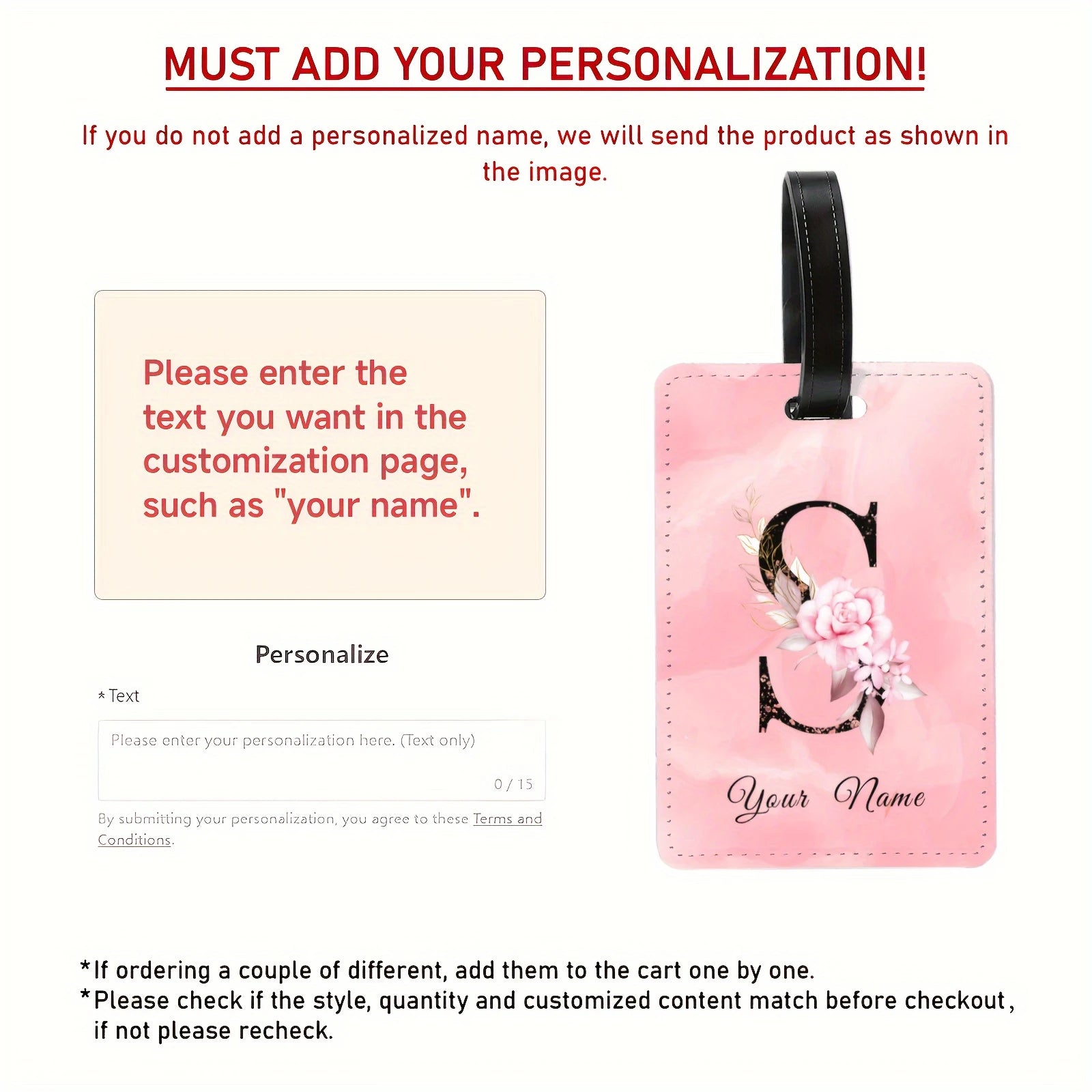 A of Personalized Custom Creative Flower Letter Pink Name Text Luggage Tags, Travel Cruise Suitcase Tags