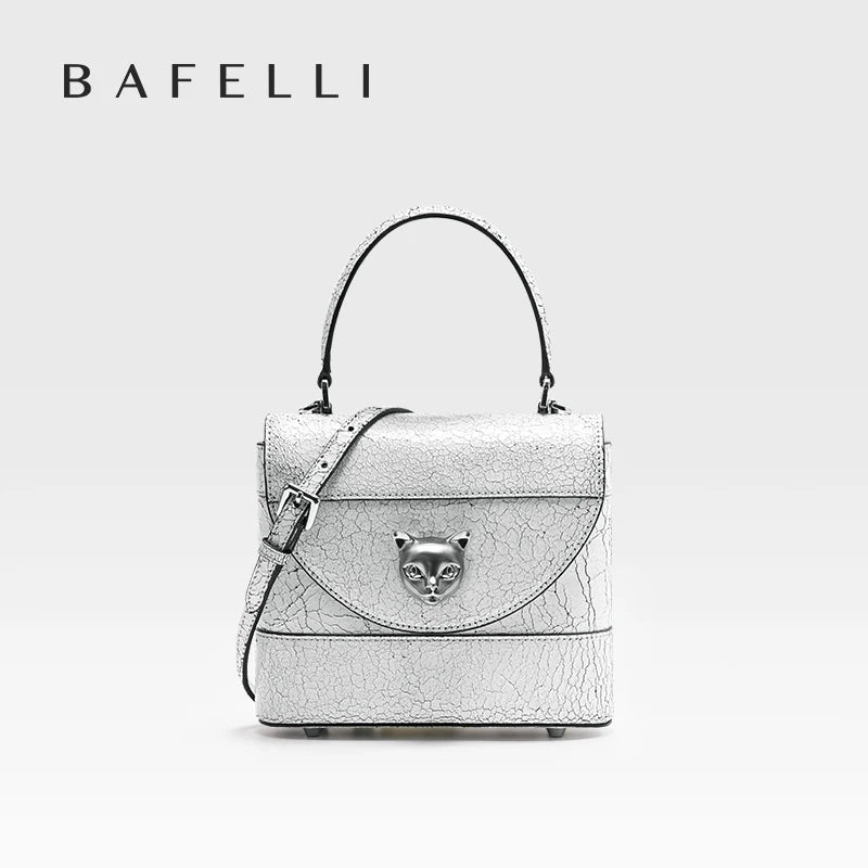 BAFELLI 2026 New Arrival: Unique Cracked Leather Shoulder Bag with Cat Head Design, Luxury Brand Mini Crossbody Bag