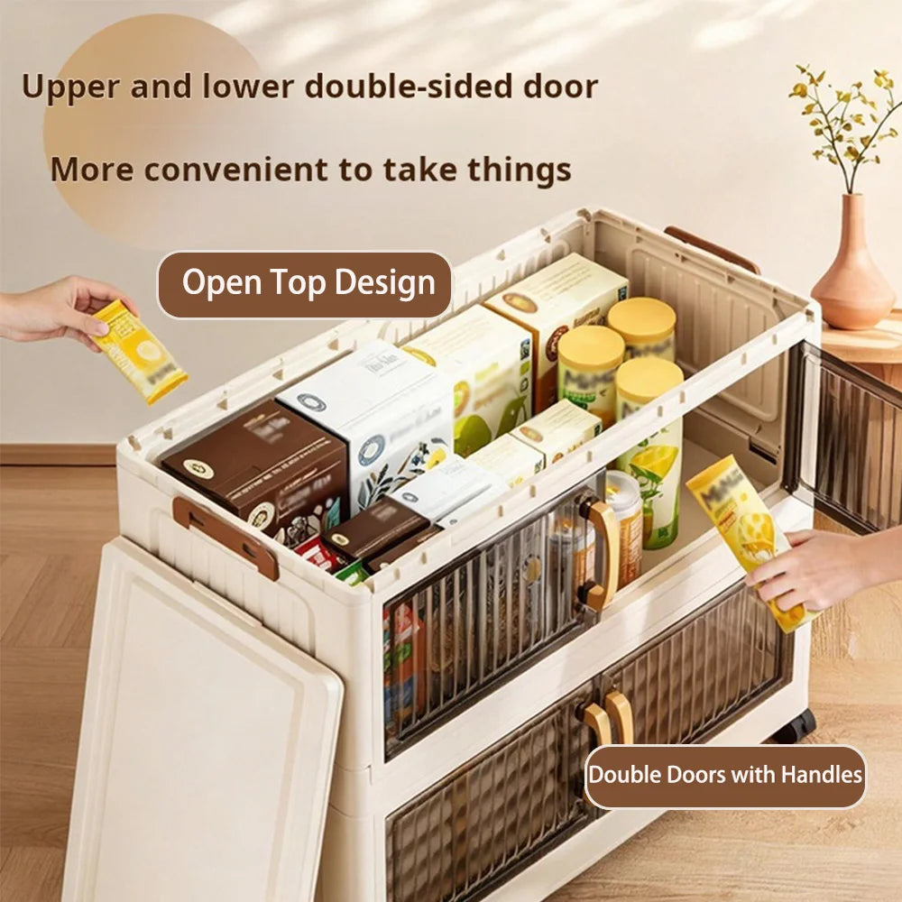 23.62in 3/4/5 Tier Foldable Plastic Storage Cabinet with Wheels, Double Transparent Door Organizer, Large Storage Chest, No Assembly Closet Organizer with Latches for Bedroom Kitchen, Cream White