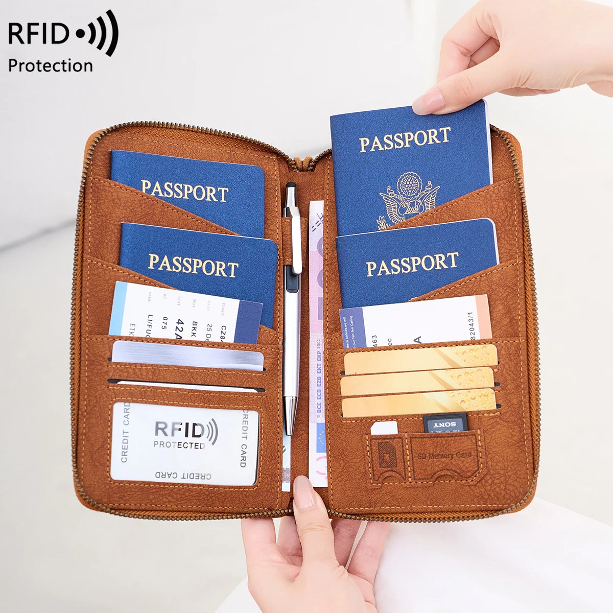 New Large Capacity RFID Anti-Magnetic Passport Holder with Zipper Multi-Function Travel Wallet for Documents And Tickets  Wallet