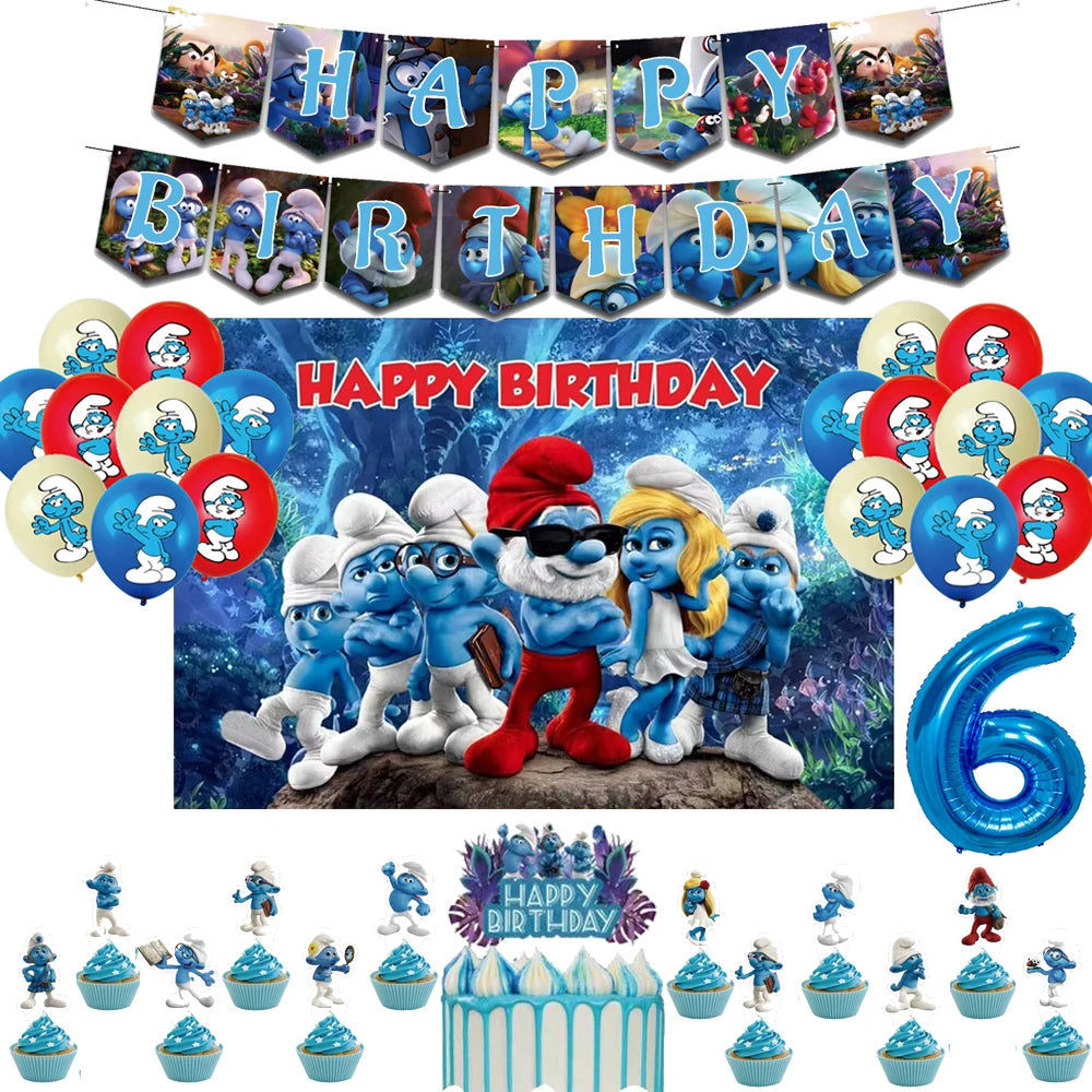 Smurfsed Happy Birthday Decoration Party Supplies Balloon Banner Number Blue Elf Theme Backdrop Cake Topper Baby Shower Boy Girl