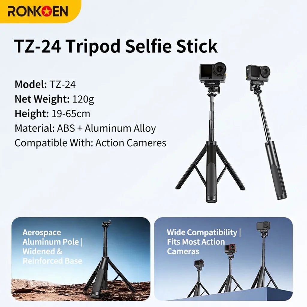 RONKOEN TZ-24 Mini 60cm Quick Release Selfie Stick Tripod Portable Adjustable for GoPro Insta360 DJI Osmo Action Camera