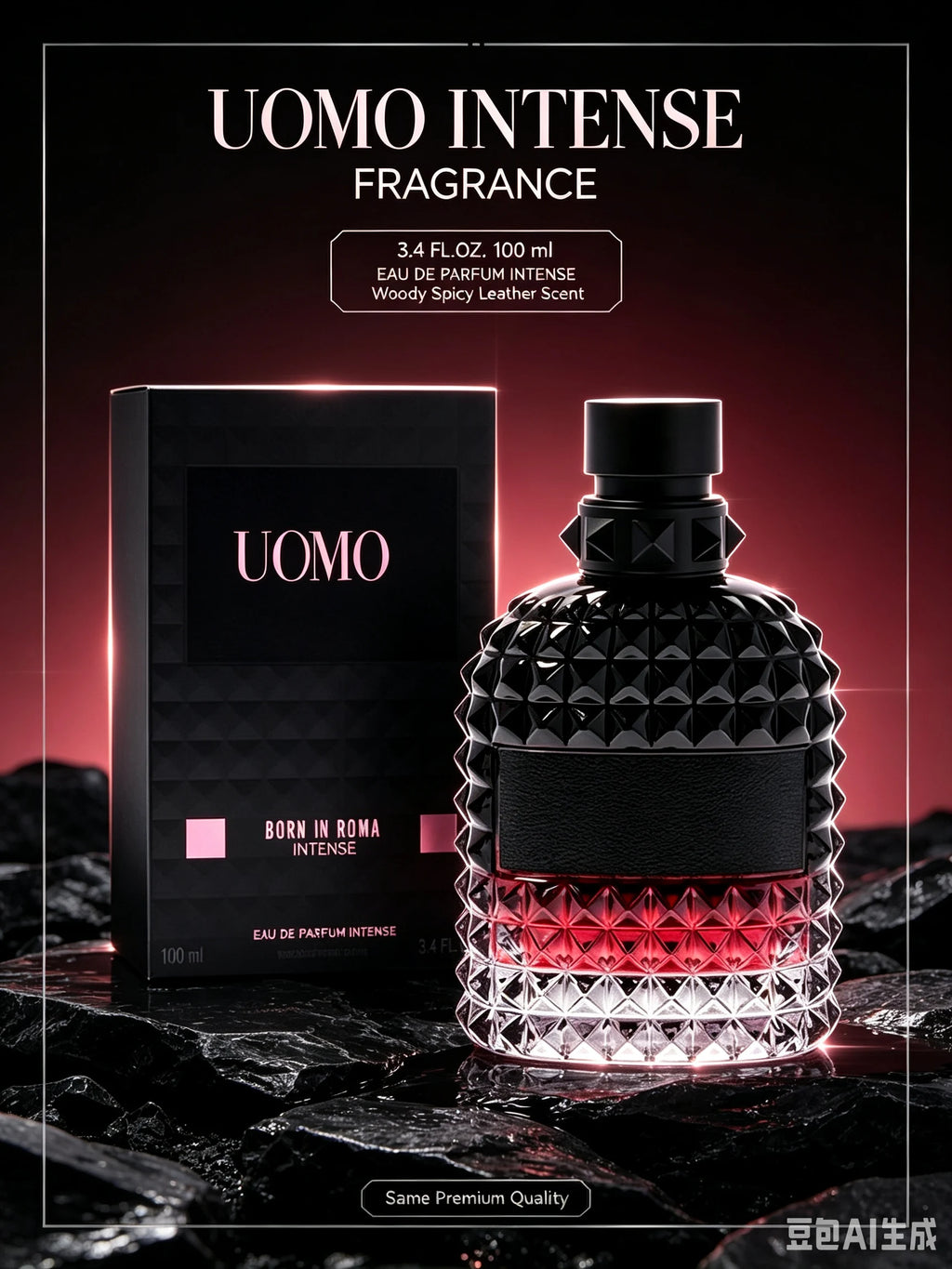 Uomo Born in Roma Intense EDP 3.4 Fl Oz 100ml, Deep Woody Leather Spicy Aromatic Men's Cologne with Bergamot Lavender Vanilla Cedar Musk, Long Lasting Bold Scent with Strong Projection for Night Out Date Evening Fall Winter,