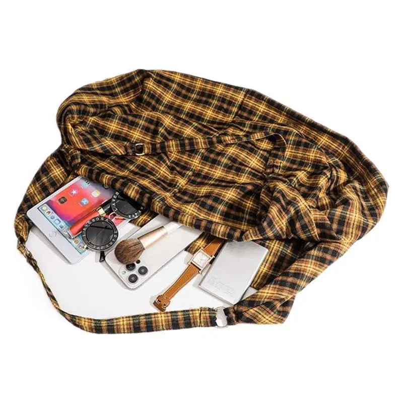 Casual Vintage Tote Bag Large Capacity Canvas Tote Women's Relaxed Style Checkered Commuter Shoulder Bag Versatile Travel Bag