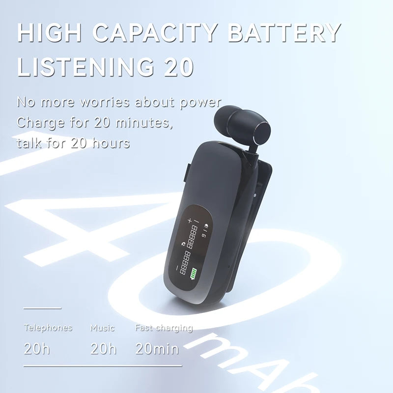 K75 Lavalier Business Bluetooth 5.4 Headphone Talk Time 20 Hours,LED Display,Voice broadcast Wireless Earphones For Work Driving