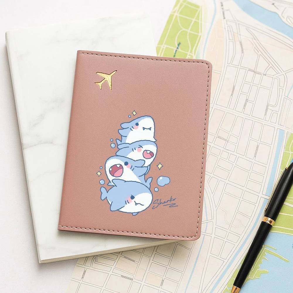 Cute Smiling Shark Pattern Passport Holder Travel Card Cover Portable Storage Pouch Ideal Birthday Gift for Women Air Travel