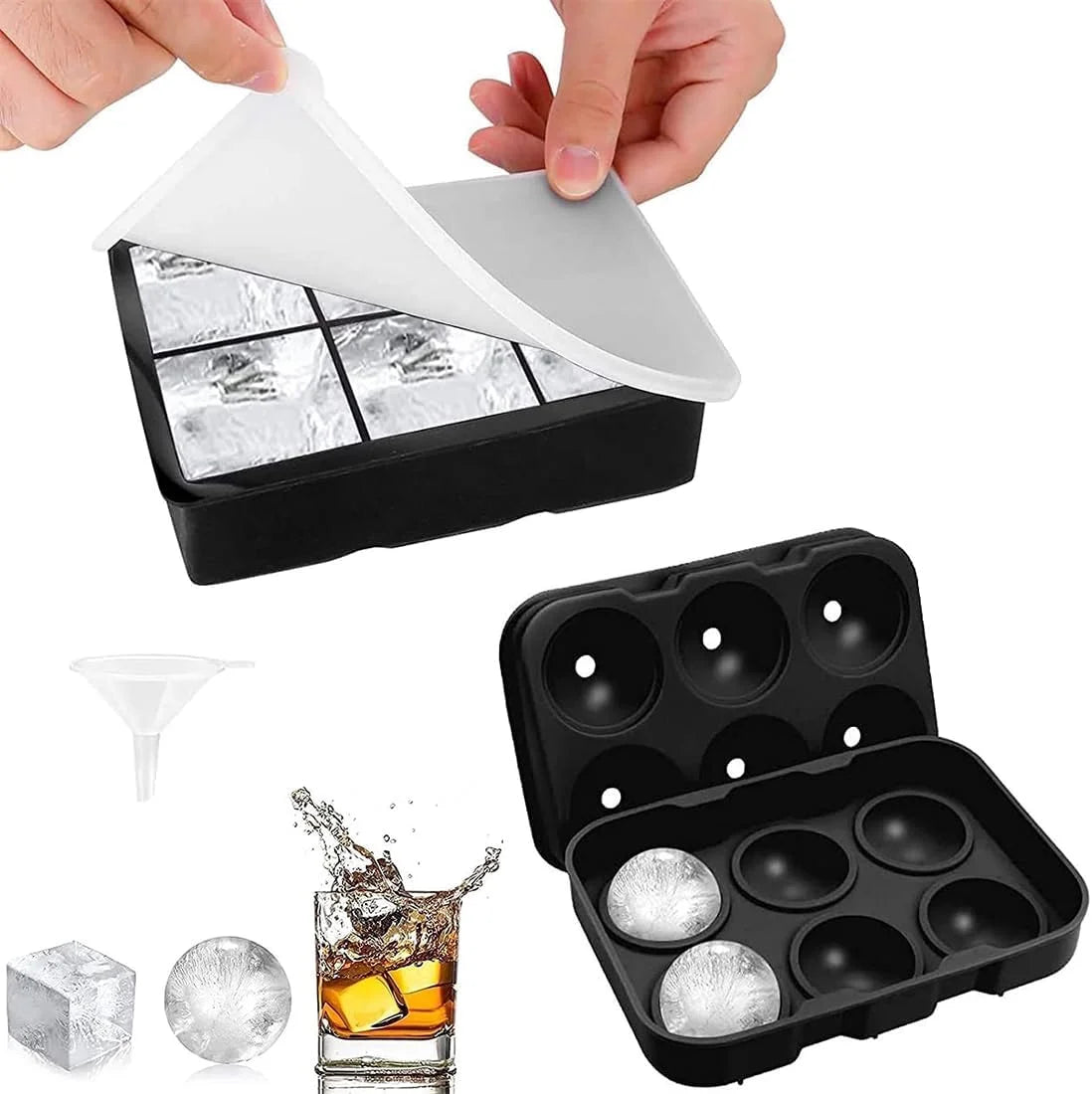 Silicone ice cube tray, large round ice cubes and square ice cubes, BPA-free, reusable, with lid, suitable for cocktails, whisky
