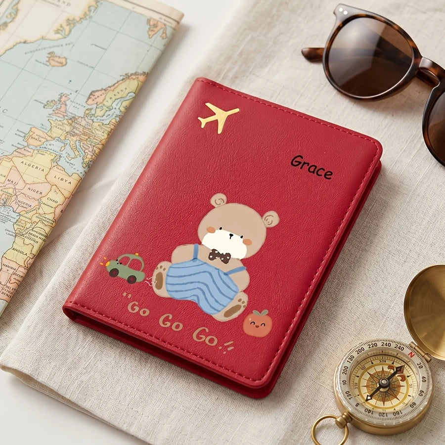 Personalized Passport Holder with Protective Cover - Custom Name/Text, Cute Cartoon Bear Pattern Design