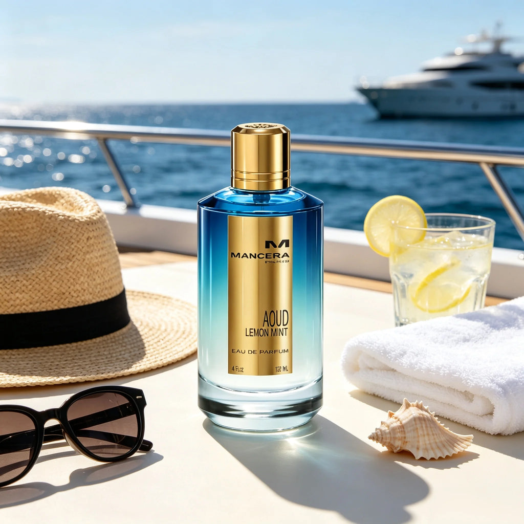 Mancera French Riviera Unisex EDP 120ml Gloss Blue White Gradient Square Bottle Polished Gold Ribbed Cap Gold Border White Iris Label Crisp Citrus Aquatic Marine Woody Scent Summer Beach Yacht Vacation Luxury Neutral Gift For